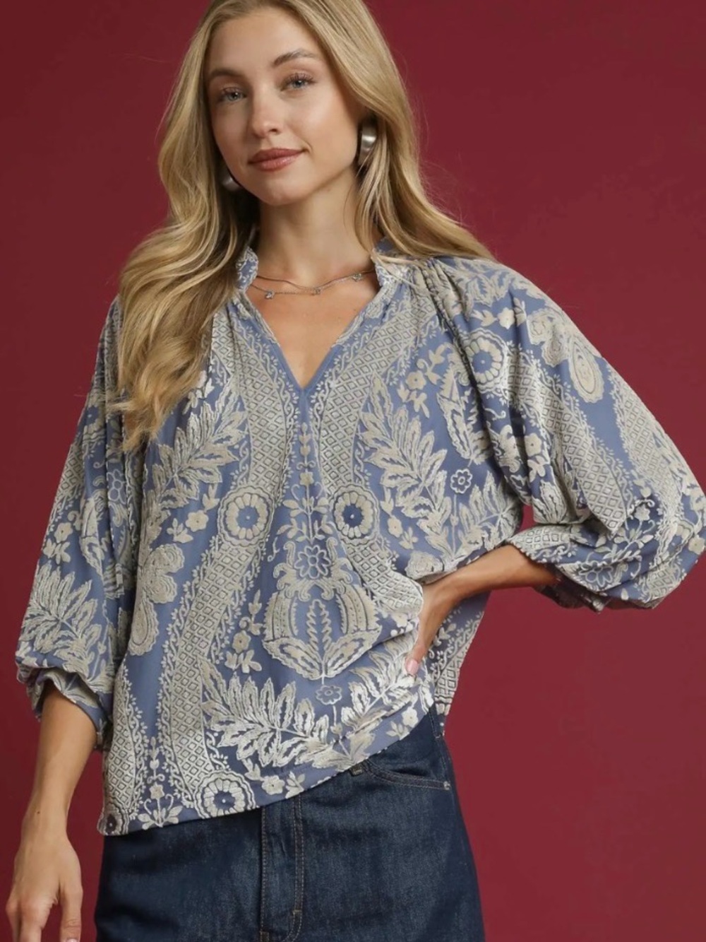 Umgee Blue Floral Split Neck Peasant Blouse - Damask Print Velvet S